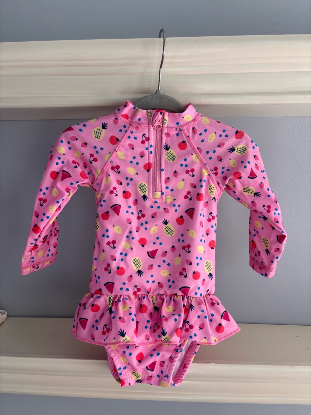 UV Skinz Girls' Pink Fruit-Print Long-Sleeve Ruffle One-Piece Swimsuit